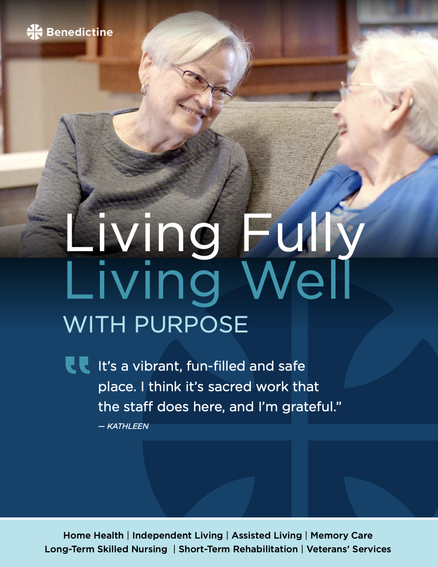 Two elderly women share a warm, joyful conversation in a welcoming retirement community lounge.